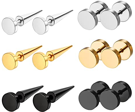 Flongo 6 Paar Ohrringe Set Fake Plug Fake Tapers 8mm aus chirurgische 316L Edelstahl Dehnstab spike spitze Fake tunnel Kegel punk Ohrstecker Gestüt Piercing für Damen Herren gold silber schwarz