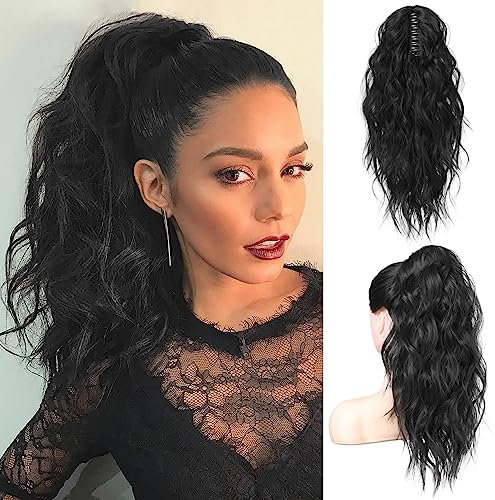 FLUFYMOOZ Ponytail Extension Pferdeschwanzverlängerung, 46 cm Klauenclip Pferdeschwanzverlängerung, gewellte lockige Klauenclip in Pferdeschwanz Haarverlängerungen (Natürliches Schwarz)