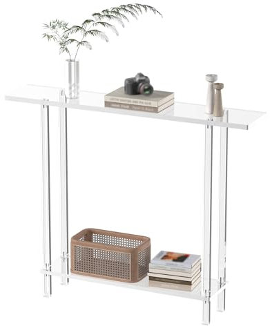 CRTERICX Table console étroite en acrylique pour entrée, 19,3 x 100,1 x 80 cm (l x H), pieds carrés, table d'entrée fine pour canapé, foyer, couloir, salon, moderne, à 2 niveaux, transparent