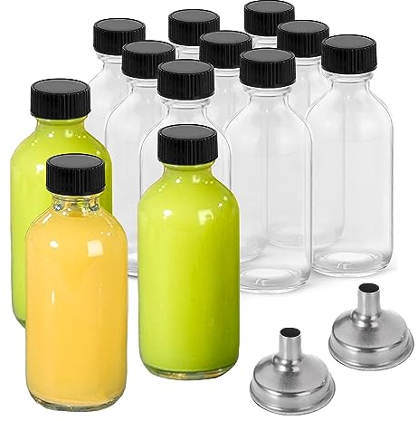 DIDITIME Lot de 12 petites bouteilles en verre transparent de 60 ml avec couvercles et 2 entonnoirs – Bouteilles rondes Boston pour potion, jus, shots de gingembre, huiles, whisky, shots de bien-être
