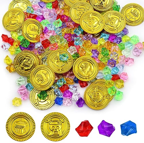 GETRICH 260 Stück Goldmünzen Piratenschatz Set 200Pcs Edelsteine für Kkinder und 60Pcs Goldmünzen Kinder Goldtaler Schatzsuche Piratenschatz Kindergeburtstag für Schatzkiste Spiele Piratenparty