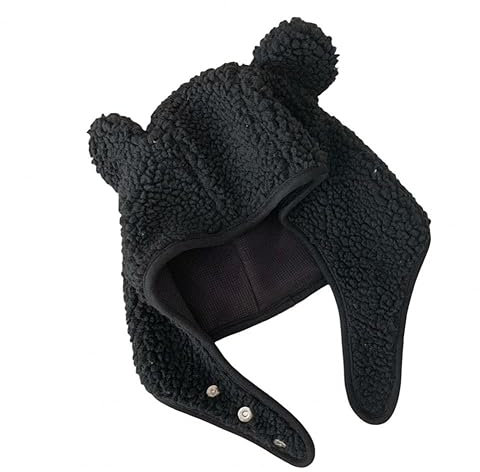 OATSBAS Fleece-Beanie-Mütze für Damen und Herren, Bären-Sicherheitsmütze, magnetische Schnalle, Ohrprojektion, niedliche Outdoor-Wintermütze, Schwarz, Einheitsgröße