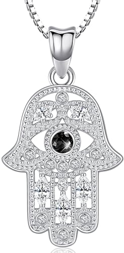 Collier Main de Fatma Argent Sterling 925, Pendentif Main de Fatma avec Zircon Noire, Hamsa Collier Main de Fatma avec Oeil, Bijoux Main de Fatma pour Femme