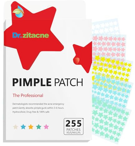 Pickel Patch, Pimple Patches, Pickelpatches Gesicht, Hydrocolloid Akne Acne Patch, 255 Stück 5 Farben & 5 Größen(8,10,12,14,16 mm), Atmungsaktiv & Absorptions, Süße Stern-Sticker mit, Tag & Nacht