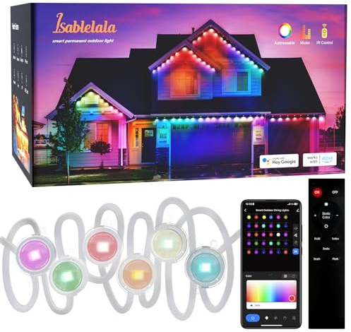 Lanmonlily Permanente Außenbeleuchtung, Smart RGBAI-Außenleuchte mit 68 Szenenmodi, 15m mit 30 LED-Trauflichter, lichterkette außen IP67 wasserdicht, Arbeit mit Alexa, Google Assistant. (50ft)
