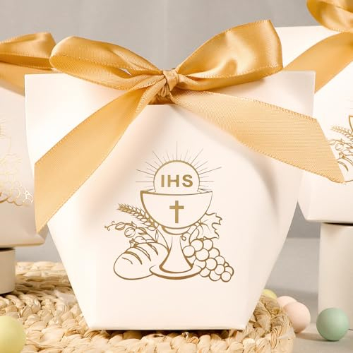 GEBETTER 24Pcs Cajitas Regalo Pequeñas Comunión Cartón Blanco con Cintas, Cajas Regalo, Detalles Invitados Dulces Chuches Caramelos Fiesta Bautizo Cumpleaños Boda 10x6x6 cm (Cáliz)