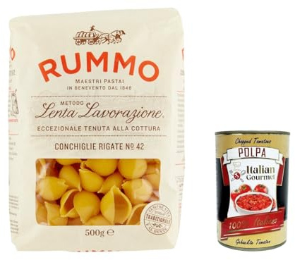 Italian Gourmet Conchiglie rigate Pasta n.42 20 x 500g, Hartweizen-Nudeln | Trafilata al bronzo e ruvida; langsame Herstellung, nimmt Saucen gut auf, Gesamtnettogewicht 10 kg + Kostenlos Polpa 400g
