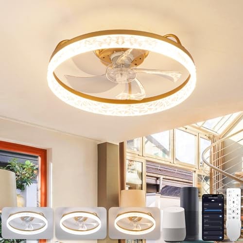 YUNLONG Smart WiFi Ceiling Fans with Lamps, Compatible with Alexa, Google, Remote Controller, Modern Ceiling Lights with Fan, Dimmable, 6 Speeds, Reversible 5 Blades, Gold