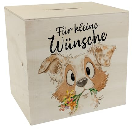Hund Spardose aus Holz mit Spruch Für kleine Wünsche Geburtstagsgeschenk für Hundemensch Niedlicher Welpe Blumen Design Aussies Freund