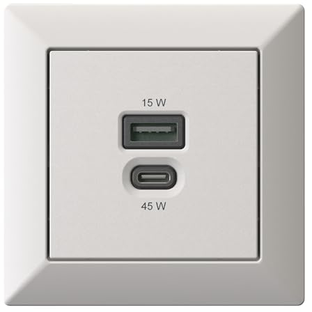 Estación de Carga USB empotrada, Cargador USB-C de 45 vatios + Cargador USB-A de 15 vatios, Blanco Mate
