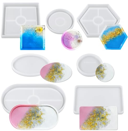 Silikonform Tablett, 7 Stück Silikonform Untersetzer Epoxidharz Formen, Silikonform Teller Rund Quadrat Hexagon, Silikonformen Gießformen für DIY Tablett Obsttablett Kunsthandwerk Heimdekoration