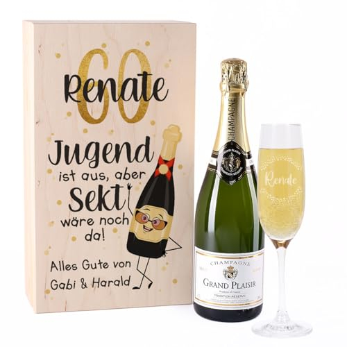 Herz & Heim® Champagner Geschenkset -Jugend ist aus, aber Sekt wäre noch da- mit graviertem Sektglas, edler Holzgeschenkbox und einer Flasche Champagner