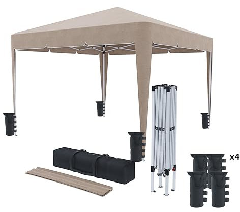 Gazebo 3 x 3 M Pieghevole Idrorepellente Struttura Acciaio Copertura 160 gr/m² Con 4 Sacche Per Pesi E Sacca Di Trasporto Chiusura A Fisarmonica Da Giardino Campeggio Esterno Piscina Fiere (Tortora)