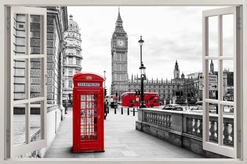 HUBDECO - Wandtattoo - Wanddeko - Selbstklebende Folie - Fototapete - Wandsticker - Fototapete 3d Effekt - Selbstklebende Tapete - Fenster & Stadt Motiv - London, BIG BEN, Straße - 120x80cm
