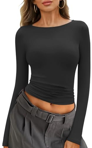 Minetom Sweatshirt Damen Tshirt Langarm U-Boot Ausschnitt Basic T-Shirt Baumwolle Langarmshirt Eng Stretch Pullover Oberteile Y2K Top A Schwarz L