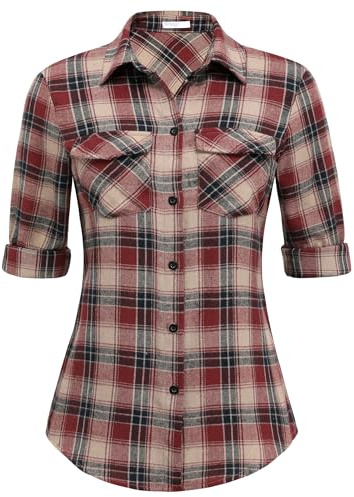 UNibelle Chemise à Carreaux Manches Longues Femme - Chemisier Traditionnel Oktoberfest - Veste en Coton - Col en V - Noir/Rouge