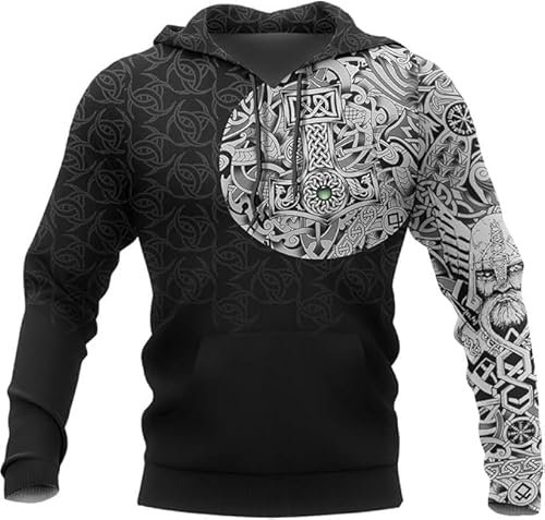 Viking Thors Hammer Sweatshirt, Nordic Mythology Wolf Streetwear Casual Hoody Hoodie, 3D Allover Printed Autumn Harajuku Men's Long Sleeve Drawstring Hoodie(Thor's Hammer,4XL)