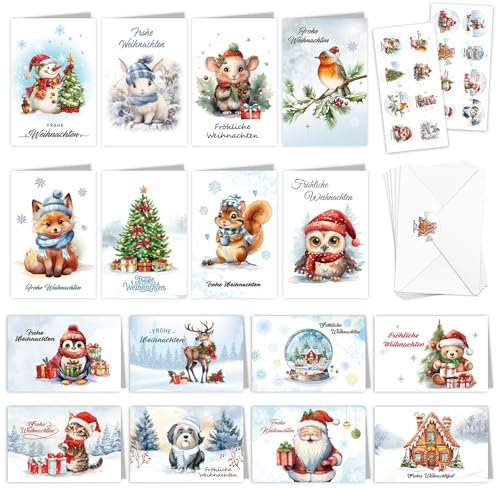 DPKOW 16 Waldtiere Weihnachtskarten mit Umschlag Aufkleber, Frohe Weihnachten Karten Weihnachten Grußkarten Glückwunschkarten Hirsch Eichhörnchen Kaninchen Weihnachtskarten Klappkarten Christmas Cards