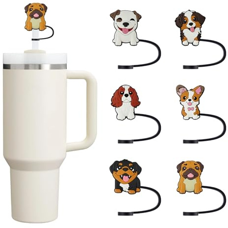 6Pcs 10mm/0.4in Diameter Silicone Straw Covers Cap Compatible with Stanley 30&40 Oz Cup, Cute Straw Toppers for Stanley 40 Oz Tumbler with Handle, Dust-Proof Straw Caps for Water Bottle, Dog