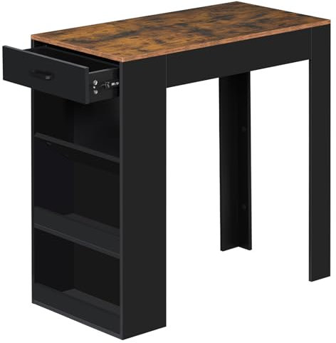 WOLTU Mesa Bar Alta, Mesa Cocina con Estantería Lateral de 1 Cajon, 1 Botellero y 2 Estantes, Mesa Auxiliar Alta y Extrecha para Comedor, Salón y Estudio, Marrón Rústico + Negro, 100x50x100cm