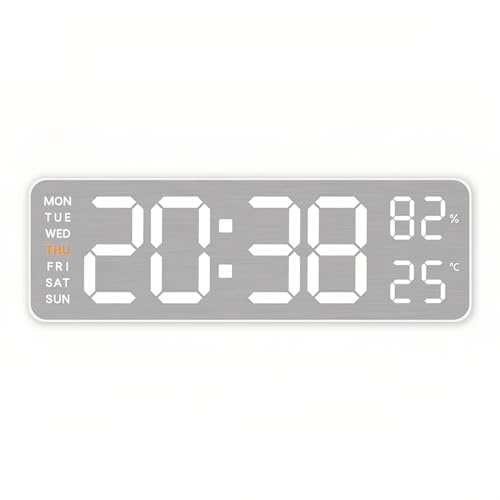 Lancoon Elektronische LED Wanduhr mit 3 Helligkeitsstufen Auto Dimmer Gebürstetes Metall Temperatur Luftfeuchtigkeit Datum Woche Dual Alarm für Wohnzimmer Dekor Büro
