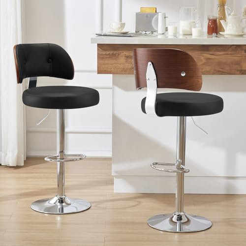 Bekrvio Juego de 2 taburetes de bar ajustables en altura (62-84 cm) – Silla giratoria con respaldo y reposapiés, piel sintética, para cocina, salón, comedor