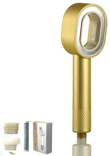 Julymoda Duschkopf mit Filter, 3 in 1 Handbrausen mit Reinigungsbürsten/Schwamm, Massage Hochdruck Wassersparend Duschkopf Set für Hartes Wasser (Gold)