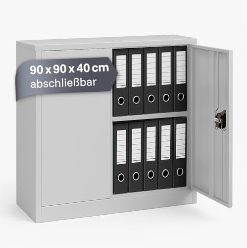 LagerZwei Mehrzweckschrank 90x90x40cm I Aktenschrank weiß abschließbar I Metallschrank inkl. Fachboden I Ideal als Werkstattschrank, Büroschrank & Kellerschrank I Stahlschrank robust I Allzweckschrank
