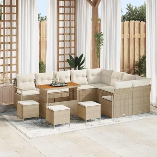 QJBSAVVA 13 TLG Gartensofa Beige Creme 110x55x71 cm Poly-Rattan Eckbank mit Stauraum wetterfest Outdoor Lounge klein für Balkon und Terrasse