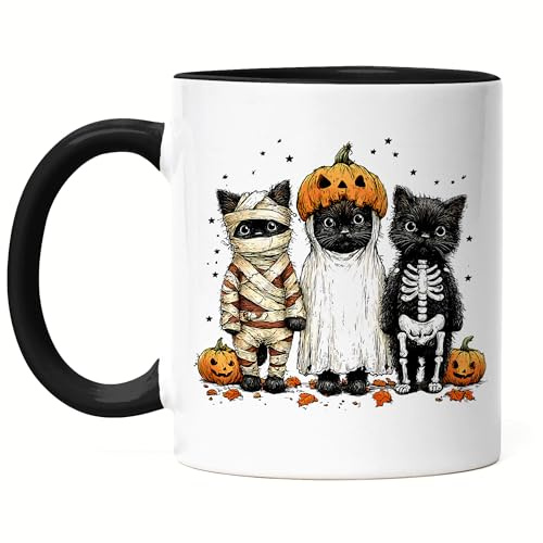 Hey!Print Tasse Schwarz Halloween Katzen – Schwarze Katzen in Halloween Kostümen mit Kürbissen