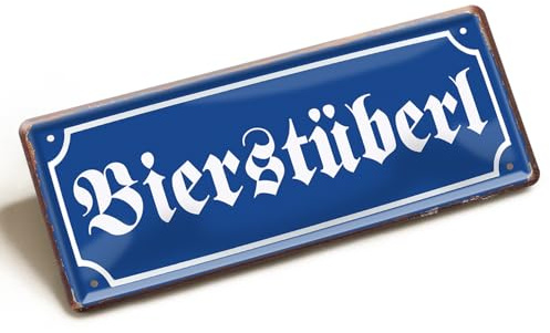 Bierstüberl Blechschild 28x12cm - Vintage Metallschild Altdeutsche Schrift - Retro Wanddeko für Kneipe Bar Gaststube - Nostalgie Schild Blau Weiß Used-Look - Rustikale Bayern Dekoration Frakturschrift