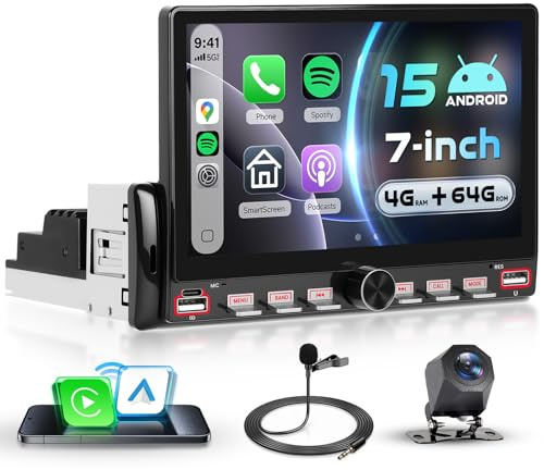 VECHTEL 4G+64G Android 15 Klaviertasten Autoradio 1 Din, 7'' IPS HD Touchscreen mit Drahtlos Carplay Android Auto, Bluetooth EQ FM RDS Radio GPS Wi-Fi, Spiegeln USB/Typ-C, Unterstützt Rückfahrkamera