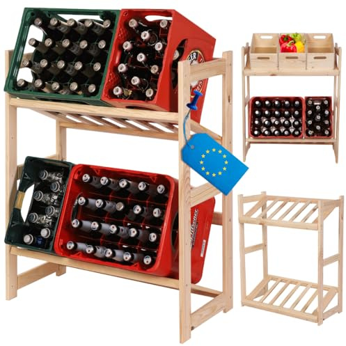 MODO24 Kistenregal Holz 85,8x70x33cm mit 2 Kistenböden, stabiles Standregal für 2 Getränkekisten, Massivholzregal Lagerregal für Küche Speisekammer Keller, Getränkekistenhalter, Natur