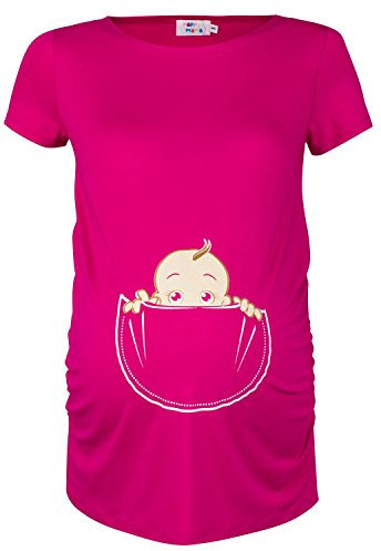HAPPY MAMA Donna Maglietta Premaman T-Shirt Maglia Bambino in Tasca Stampa. 501p (Fucsia, IT 46/48, XL)