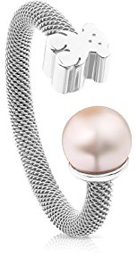 TOUS Damen Ring aus Sterlingsilber mit Bären- und Perlenmotiv 0,6 cm und Größe 13, offener und vielseitiger Ring, Kollektion Icon Mesh