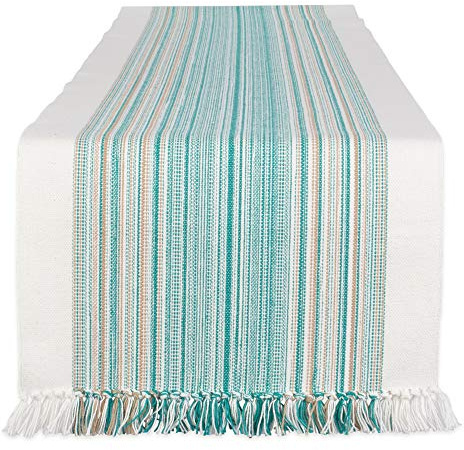 DII Everyday Collection Fringed Stripe Tabletop, Table Runner, 14x72, Teal