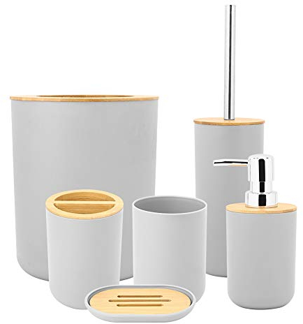 AYNEFY Juego de 6 Accesorios de Baño Modernos Dispensador de Jabón Soporte para Cepillo de Dientes Jabonera Vaso Soporte para Cepillos de Baño Cubo de Basura, Bambú PP (Gris)
