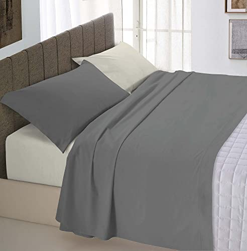 Italian Bed Linen Natürliche Farbe “Natural Colour” Bettwäsche Set, Leinen Baumwolle, Rauchgrau/Creme, Doppelte