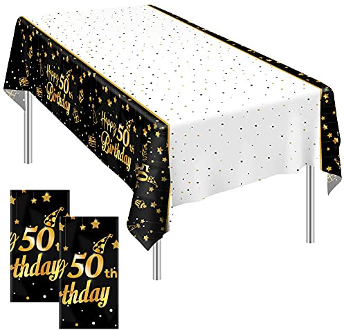 Ruisita 2 Stück schwarz gold Tischdecke Abdeckung Happy 50th Birthday Tischdecke Party Tischdecken rechteckige Tischdecke Abdeckung für Indoor oder Outdoor Party Geburtstag