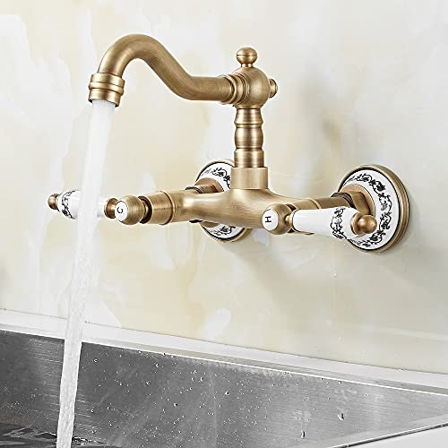 360° Drehbar Wandarmatur Küchenarmatur Messing Antik Wandmontage Doppelhebel Spültischarmatur Waschbeckenarmatur Wasserhahn Wand Waschtischarmatur Retro Waschtischmischer für Küche (Antiquität C)