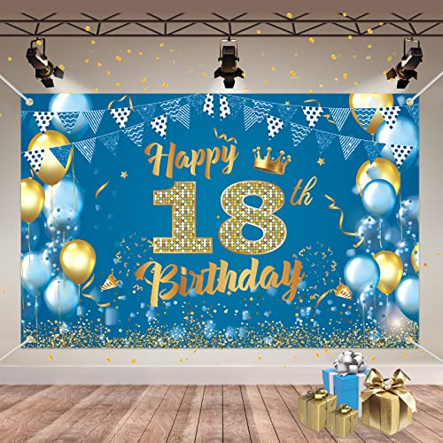 Geburtstagsdeko 18, Geburtstagsbanner 18, Großes Stoff Banner Poster, Banner 18 Geburtstag, Blau und Gold Deko 18. Geburtstag Junge, Party Deko zum Geburtstag 18 Jungen