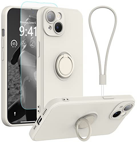 pcgaga Silicone Phone Case for iPhone 14 with Screen Protector [Ring Holder Stand] [Wrist Strap] [Microfiber Lining] Slim Shockproof Protective Cover, 6.1 Inch, White