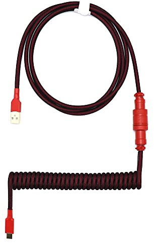 Kraken Black & Red Coiled Keyboard Cable - Artisan Red Coiled USB C Cable with Aviator Connector for Mechanical Gaming Keyboards (BRED)