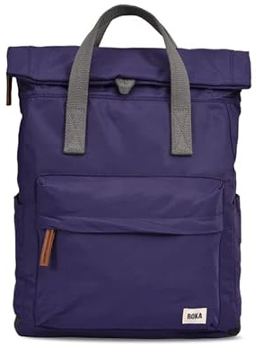 ROKA London Canfield B Small Sustainable Nylon (Mulberry) | Compact roll top backpack with wide zip opening, tablet storage, secret pocket, side pockets and adjustable shoulder straps