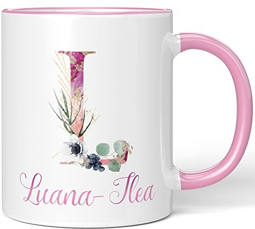 JUNIWORDS Tasse, Luana-Ilea, Name Anfangsbuchstabe Initial Alphabet Floral Buchstabe L Monogramm Motiv, Rosa (5523210)