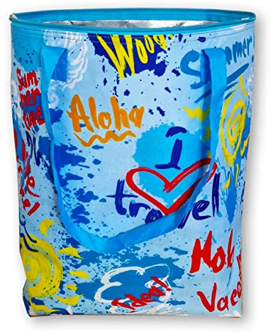 PromotionGift - Wiederverwendbare Faltbare Kühltasche, Einkaufen, Strandtasche leicht und langlebig, mit Innenfutter aus Aluminium für perfekte Kühlfunktion - 25L (Reiseblau)