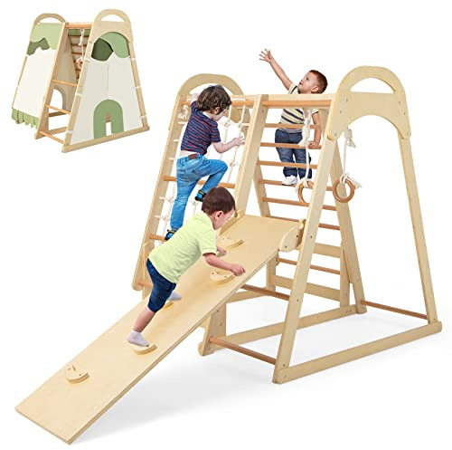 Costzon Gymnase d'intérieur de la jungle, jouets d'escalade Montessori 7 en 1 pour tout-petits avec toboggan, filet d'escalade, anneaux de gymnastique, aire de jeu intérieure en bois pour enfants de 3