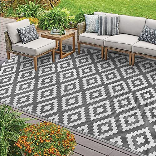 JYHCD Outdoor Teppich Wasserdicht,Grau+Weiß,Picknickdecke Leichter Innen- Und Außenteppich Recycelter-Kunststoff Outdoorteppich Wetterf Für Terrasse, Balkon, Garten,Strand,Camping,270x360cm/9x12ft
