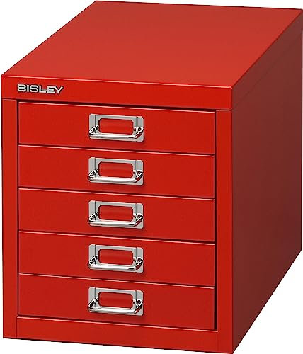 BISLEY Schubladenschrank aus Metall für DIN A4 in Kardinalrot Schrank mit 5 Schubladen Büroschrank Werkzeugschrank