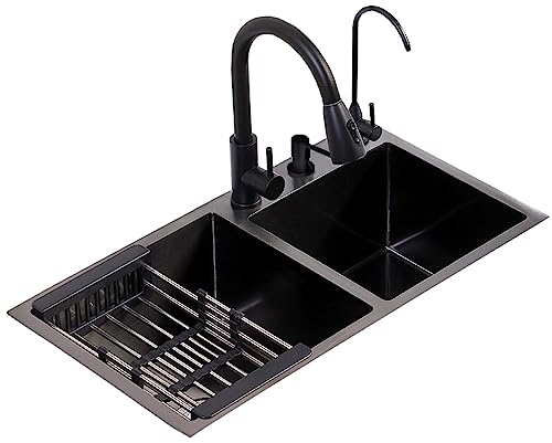 FGYAHOKN Fregaderos De Acero Inoxidable 80x45cm, Fregaderos De Cocina Doble Seno, Fregadero De Cocina Negro, Fregadero Cocina 2 Senos con Grifo Extraíble Y Desagüe